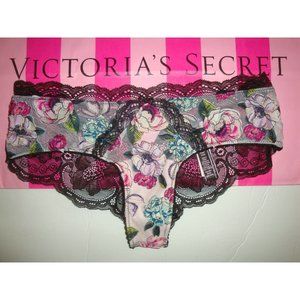 NEW VICTORIA'S SECRET "VERY SEXY" CHEEKY PANTY BLACK W/ FLORAL INLAY LACE SZ XS